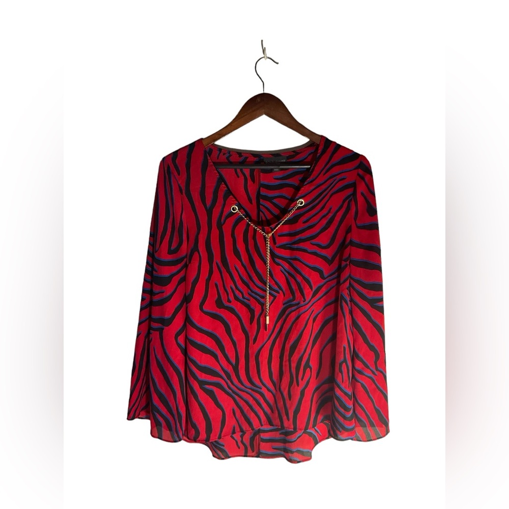 Women's Zebra Print Blouse V Neck Long Sleeve with Gold Necklace